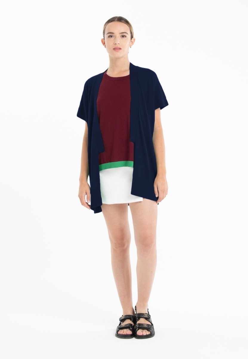 Gilet à manches courtes ultrafin cachemire et laine bleu marine femme - KELLY 5-3